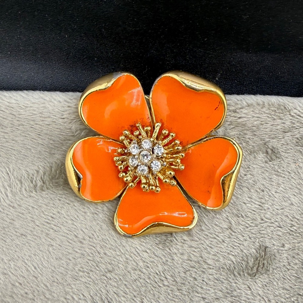 Vintage Ciner Brooch Enamel Flower Orange Rhinestone